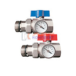 Пара прямых шар. кранов полусгон с доп. упл 1" С ТЕРМОМЕТРАМИ В КОРПУСЕ (2/24шт)