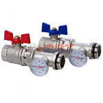 Пара прямых шар. кранов полусгон с доп. упл 1" С ТЕРМОМЕТРАМИ  В СГОНАХ  (2/24шт)